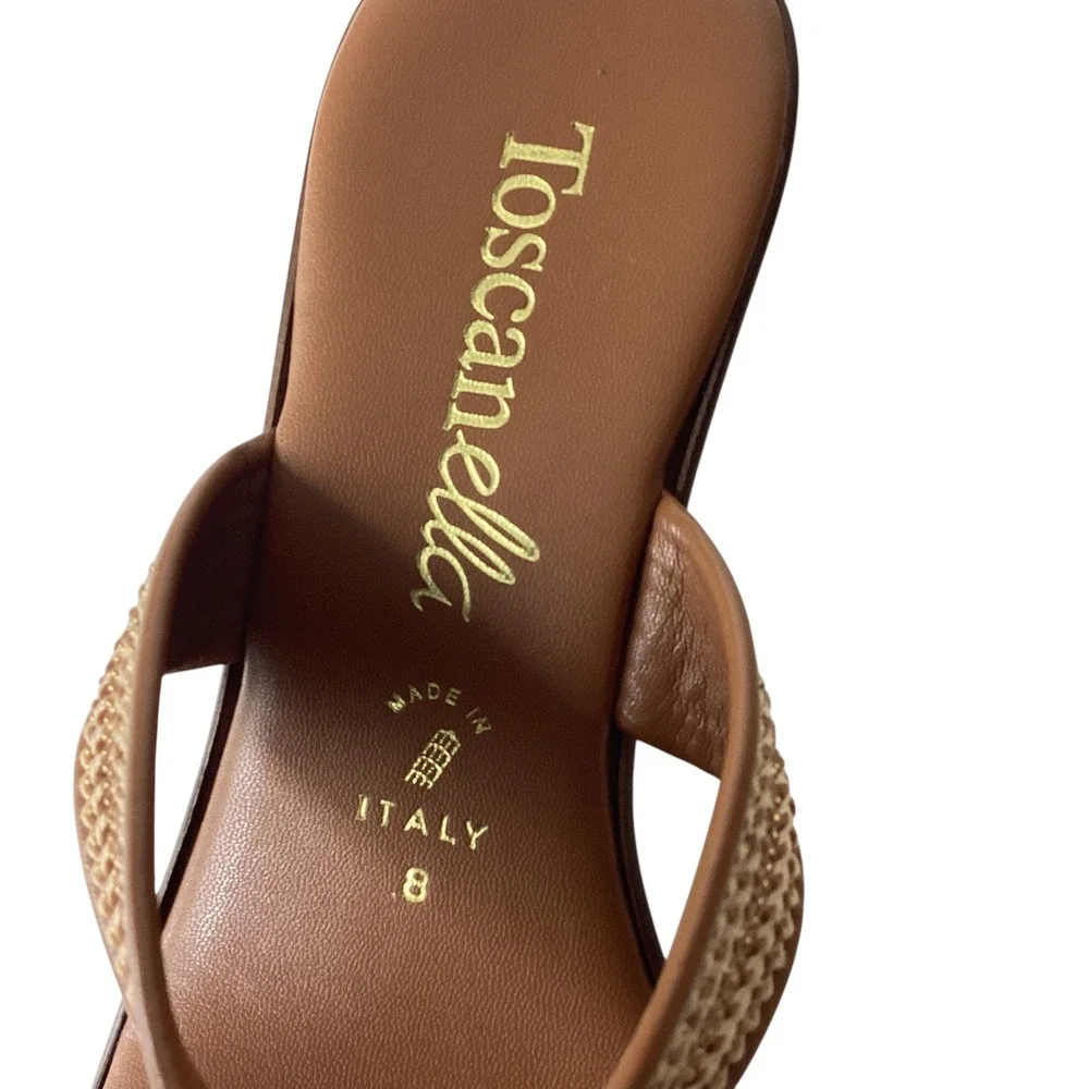 Toscanella Italian Brown Leather Wedge Sandals Gold Woven Slides Size 8 Italy